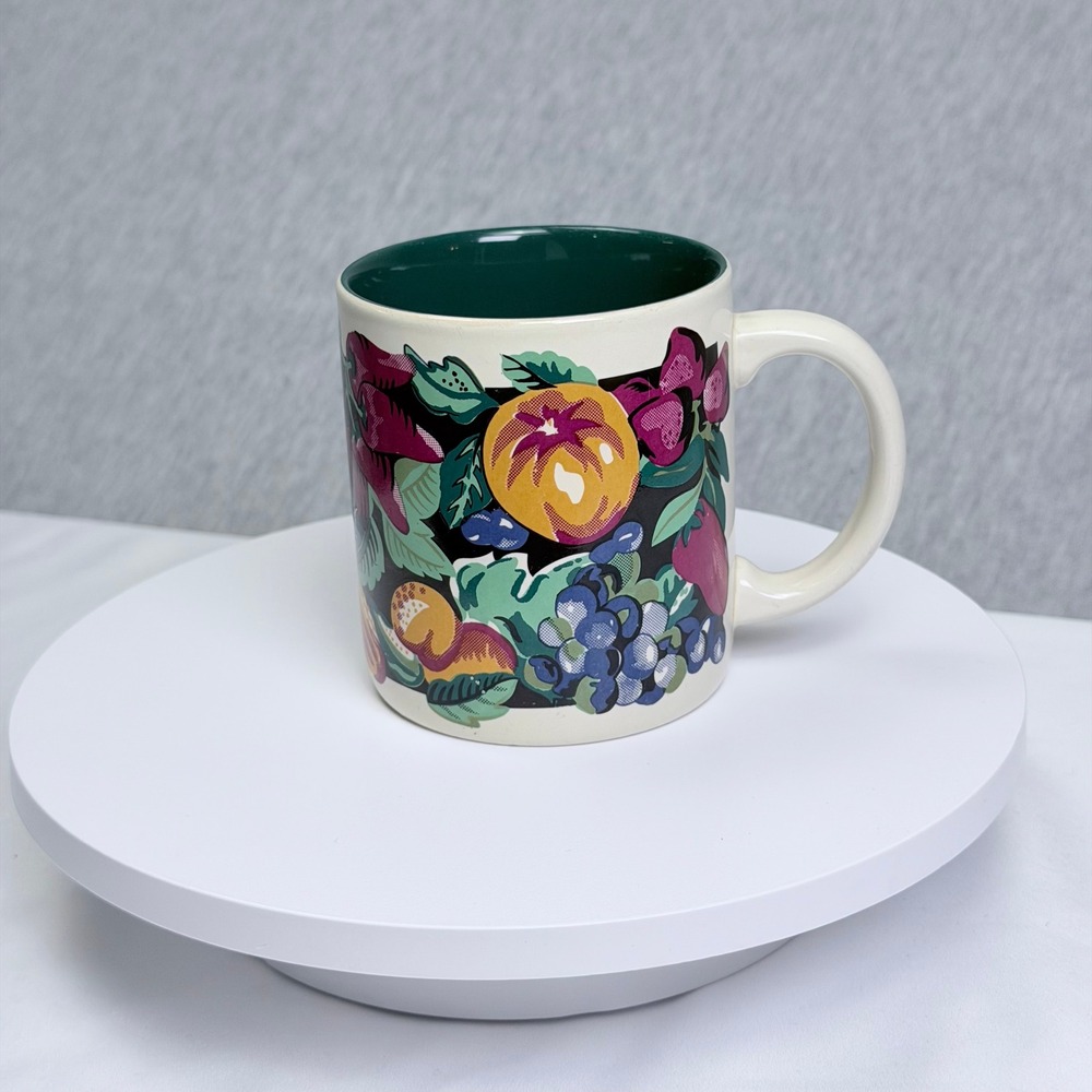 Vintage K.I.C. Fruit Harvest Ceramic Coffee Mug Green Interior Made in Korea M53